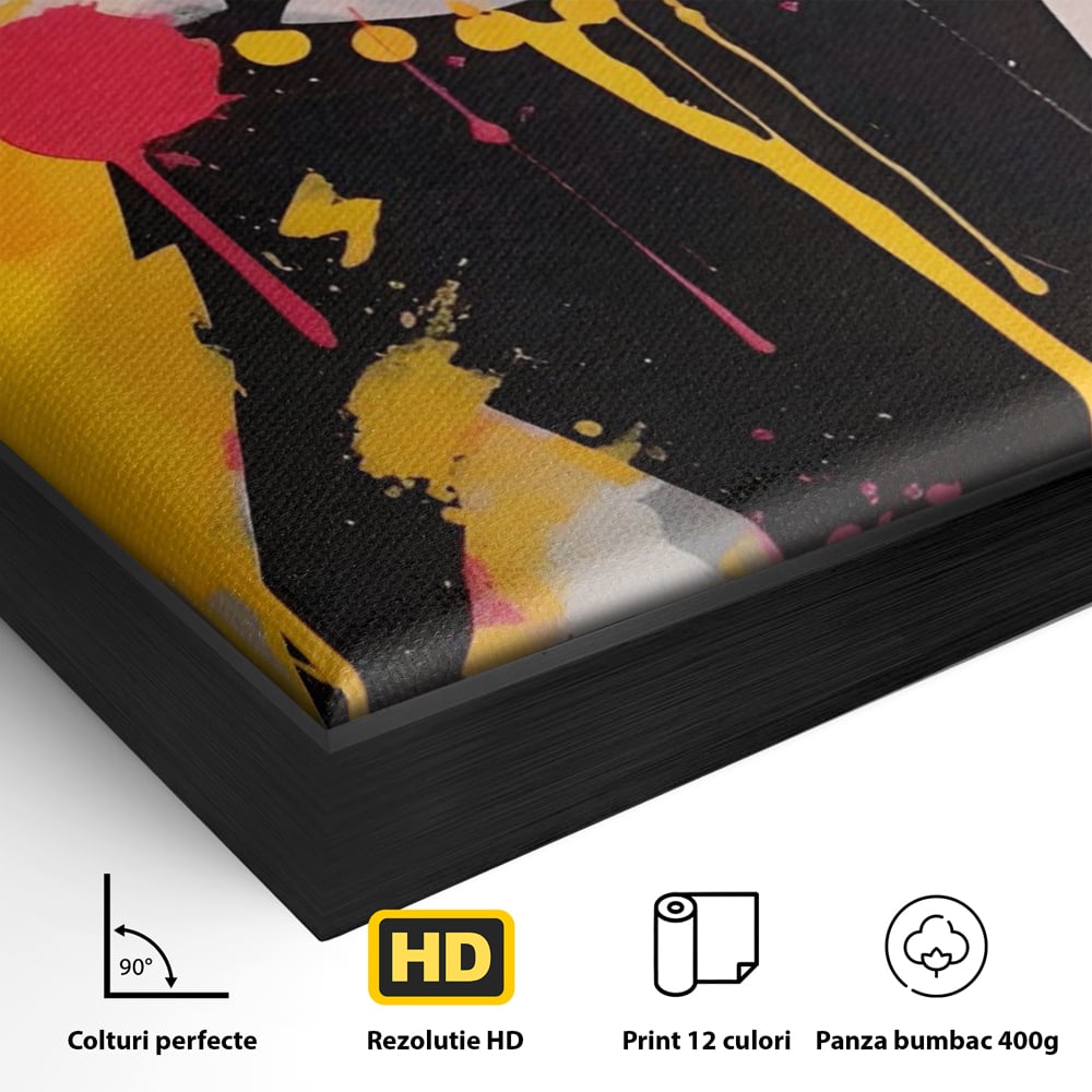 Detaliu al suprafetei: tablou canvas cu femeie in stil pop art, in rama de aluminiu negru